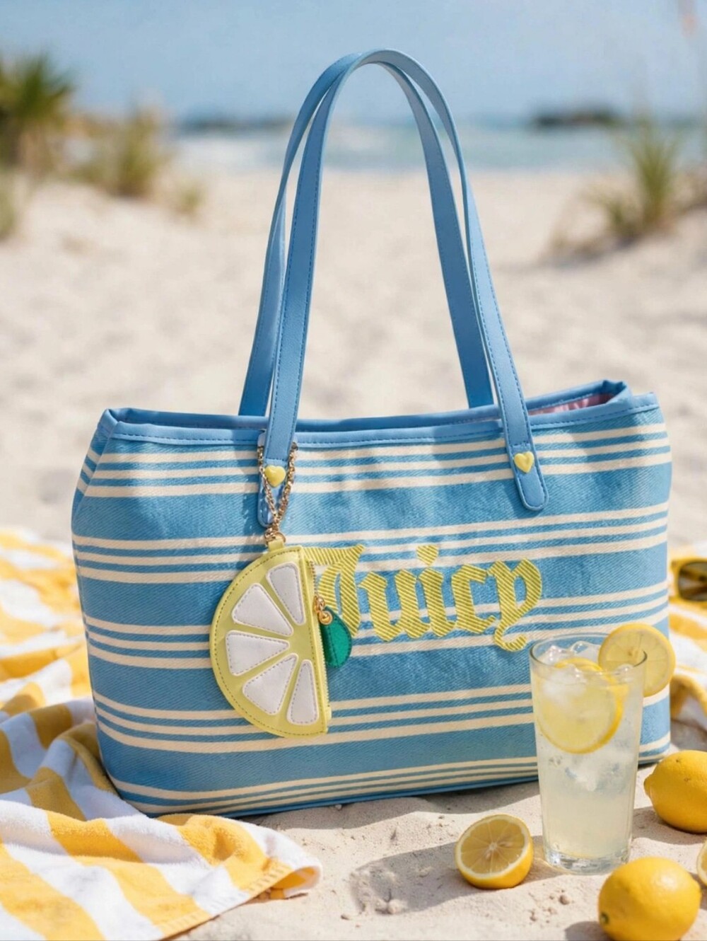 Juicy Couture Light Blue and White Striped Tote with Yellow Lemon Change Purse